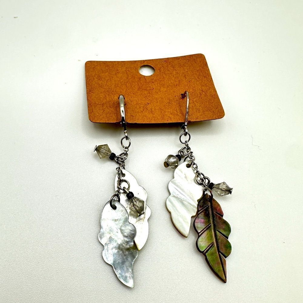 SALE! Beautiful‎ carved leaf in shell leverback dangle earrings!